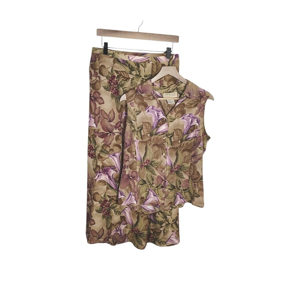 Vtg Jones New York Country Silk 2 Piece Skirt Set Size 10/12 Botanical Floral